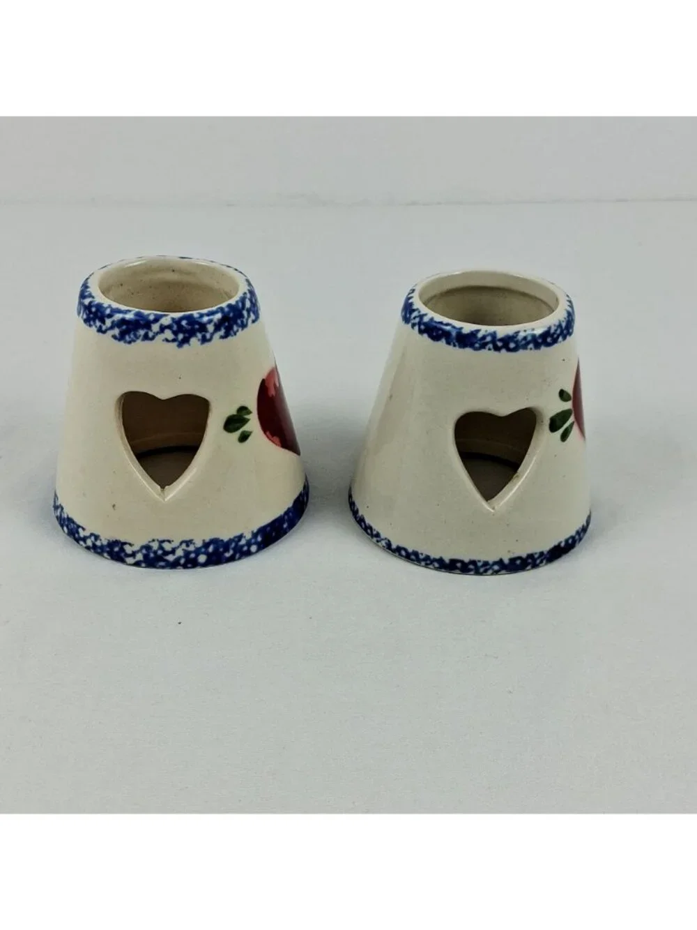 Pair Of Ceramic Heart Jar Candle Toppers Sponge Blue Trim with Red Heart Detail